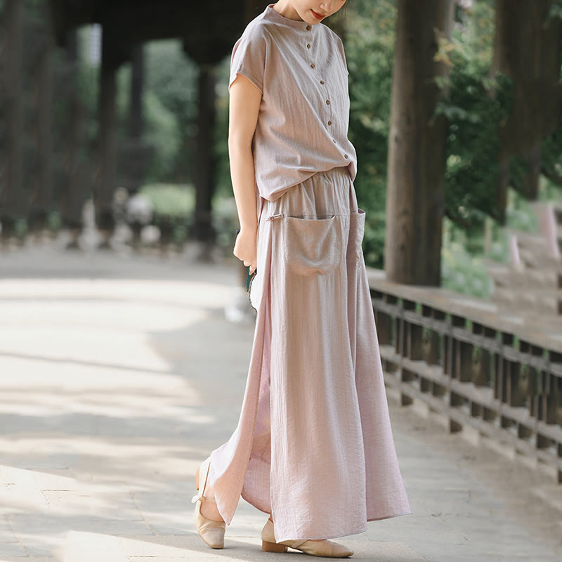 Buddha Stones 2Pcs Buttons Shirt Top Skirt With Pockets Meditation Cotton Clothing Women's Set
