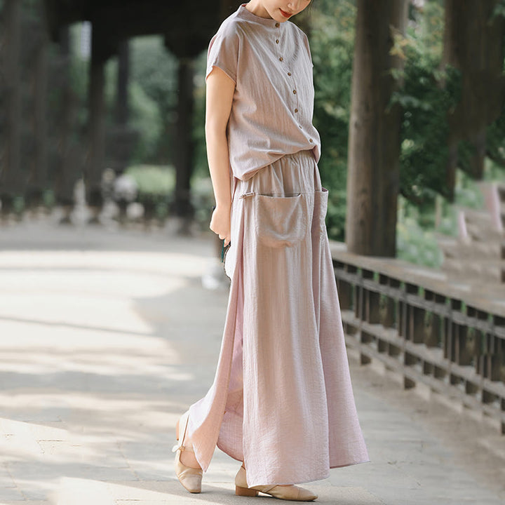 Buddha Stones 2Pcs Buttons Shirt Top Skirt With Pockets Meditation Cotton Clothing Women's Set