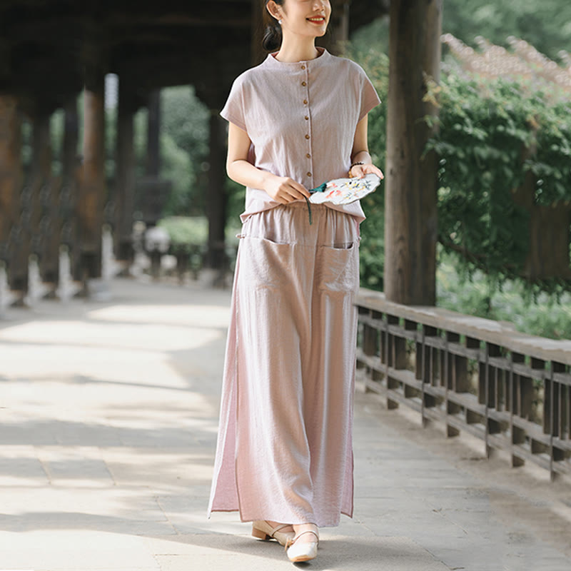 Buddha Stones 2Pcs Buttons Shirt Top Skirt With Pockets Meditation Cotton Clothing Women's Set