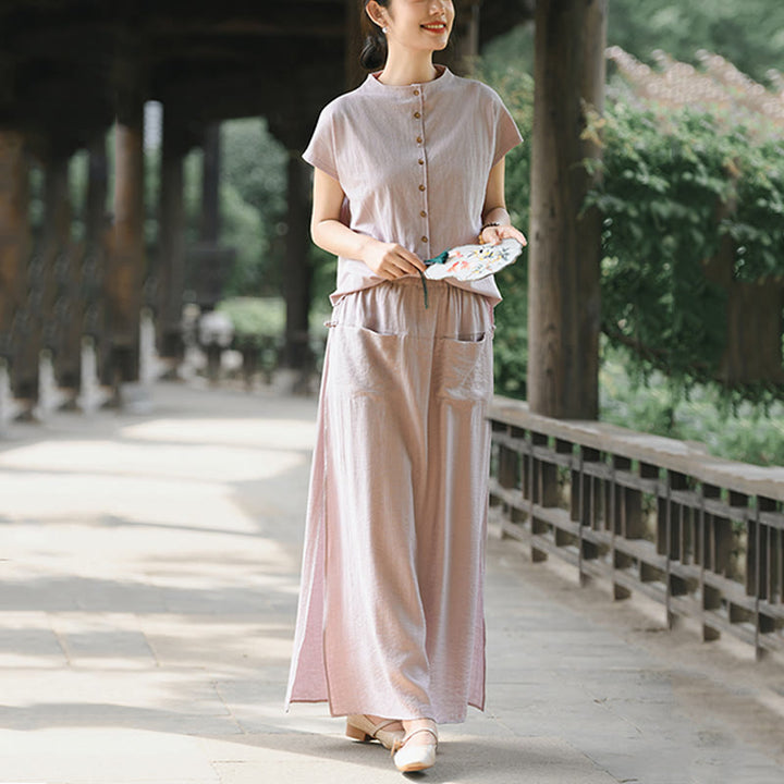 Buddha Stones 2Pcs Buttons Shirt Top Skirt With Pockets Meditation Cotton Clothing Women's Set