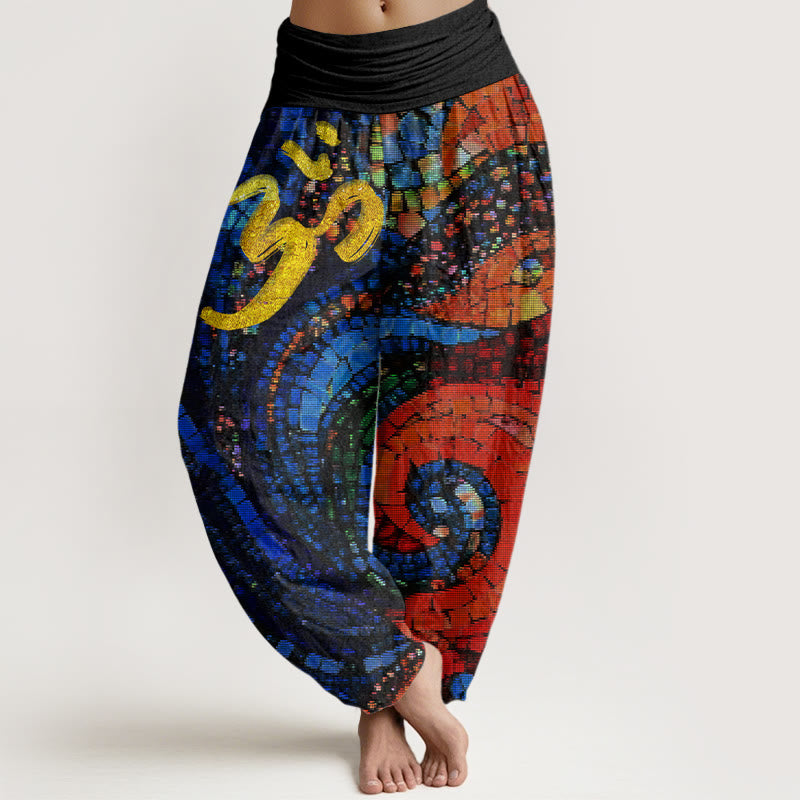 Buddha Stones Casual Golden Om Symbol Mosaic Pattern Women's Elastic Waist Harem Pants - Black - US22，UK/AU26，EU54 (6XL) - image 1
