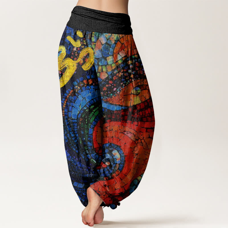 Buddha Stones Cotton Casual Golden Om Symbol Mosaic Pattern Women's Elastic Waist Harem Pants - image 1