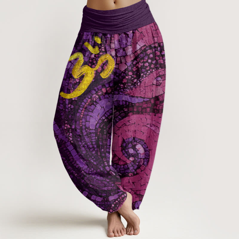 Buddha Stones Casual Golden Om Symbol Mosaic Pattern Women's Elastic Waist Harem Pants - DarkMagenta - US22，UK/AU26，EU54 (6XL) - image 5