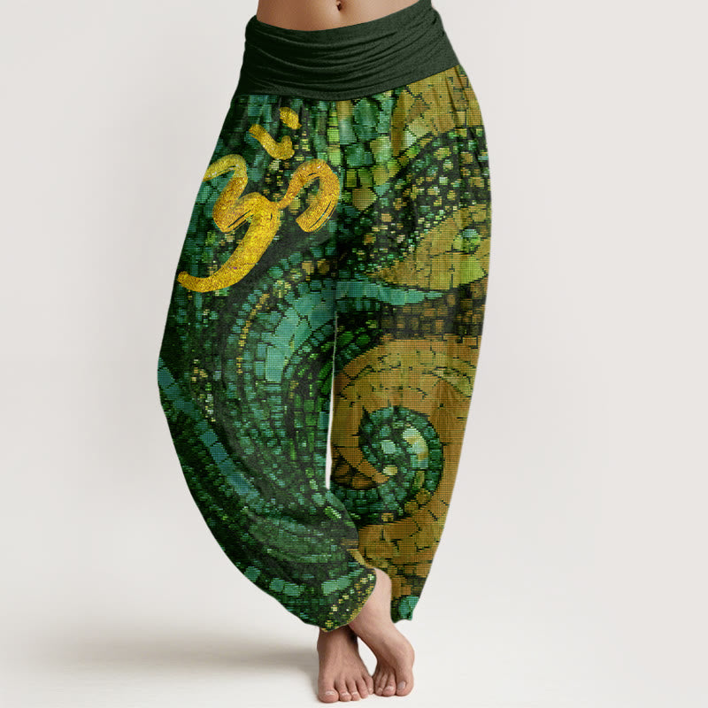 Buddha Stones Casual Golden Om Symbol Mosaic Pattern Women's Elastic Waist Harem Pants - ForestGreen - US22，UK/AU26，EU54 (6XL) - image 7