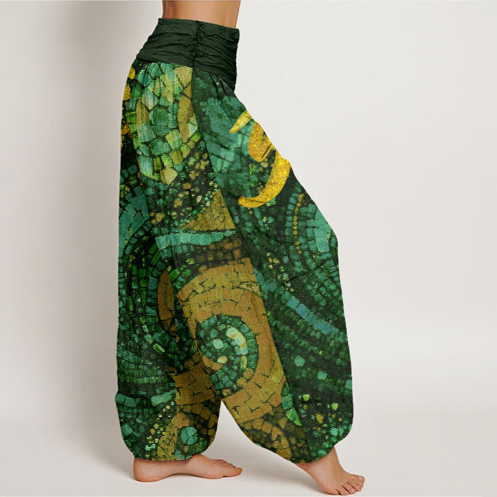 Buddha Stones Cotton Casual Golden Om Symbol Mosaic Pattern Women's Elastic Waist Harem Pants - image 9