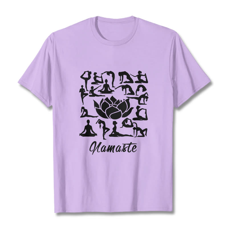 Buddha Stones Casual Lotus Flower Various Yoga Poses Pattern Tee T-shirt - Plum - 2XL - image 17