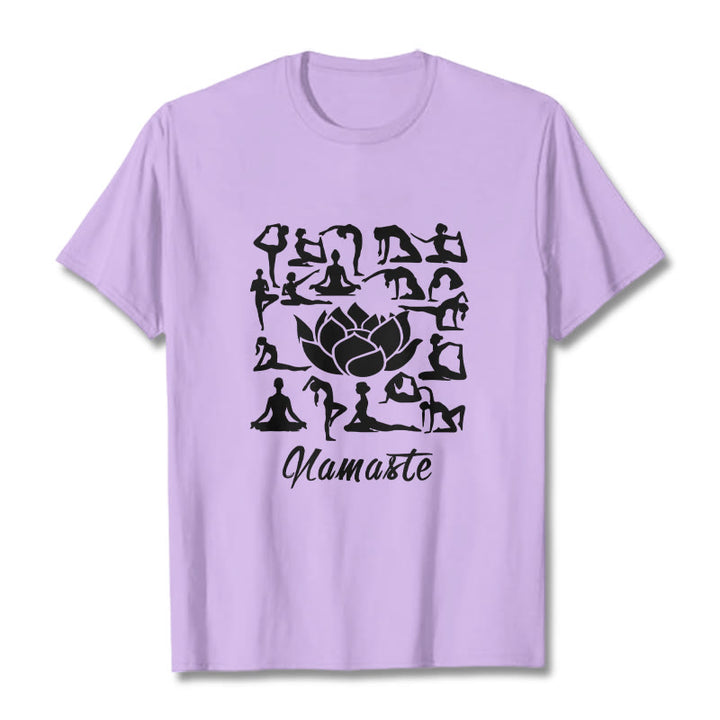 Buddha Stones Casual Lotus Flower Various Yoga Poses Pattern Tee T-shirt - Plum - 2XL - image 17