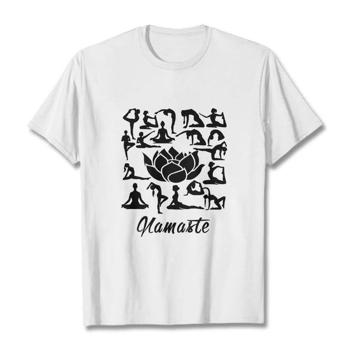 Buddha Stones Casual Lotus Flower Various Yoga Poses Pattern Tee T-shirt - White - 2XL - image 8