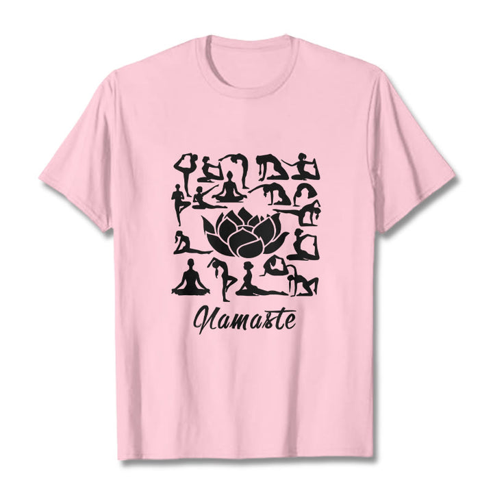 Buddha Stones Casual Lotus Flower Various Yoga Poses Pattern Tee T-shirt - LightPink - 2XL - image 13