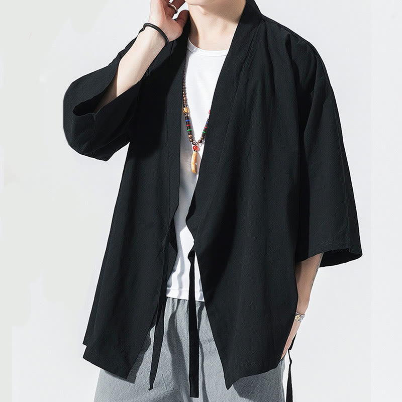 Buddha Stones Tang Suit Open Front Jacket Cotton Linen Men's Three Quarter Sleeve Kimono - image 12