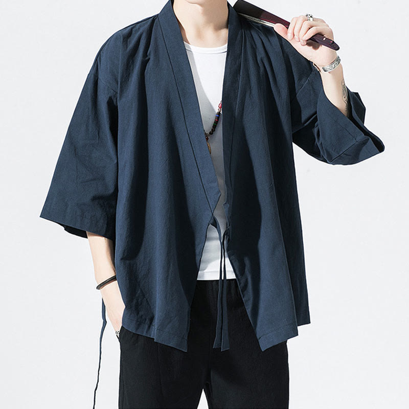 Buddha Stones Tang Suit Open Front Jacket Cotton Linen Men's Three Quarter Sleeve Kimono - image 9