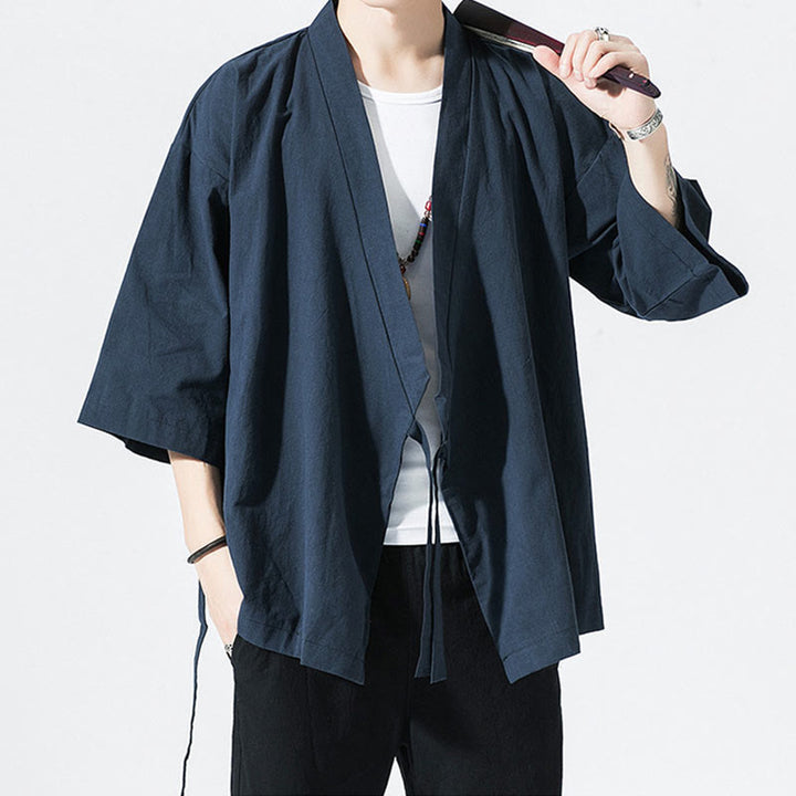 Buddha Stones Tang Suit Open Front Jacket Cotton Linen Men's Three Quarter Sleeve Kimono - image 9