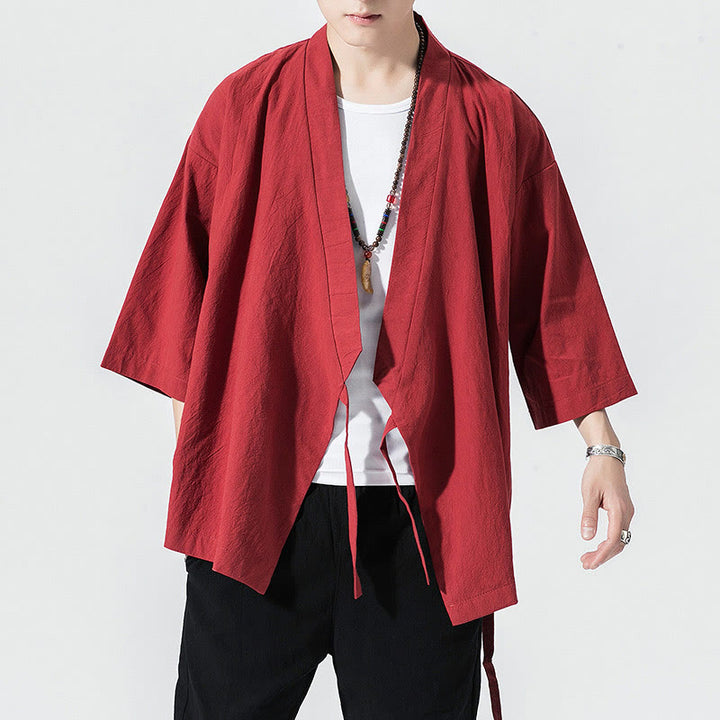 Buddha Stones Tang Suit Open Front Jacket Cotton Linen Men's Three Quarter Sleeve Kimono - Crimson - US/UK/AU48，EU58(5XL) - image 4