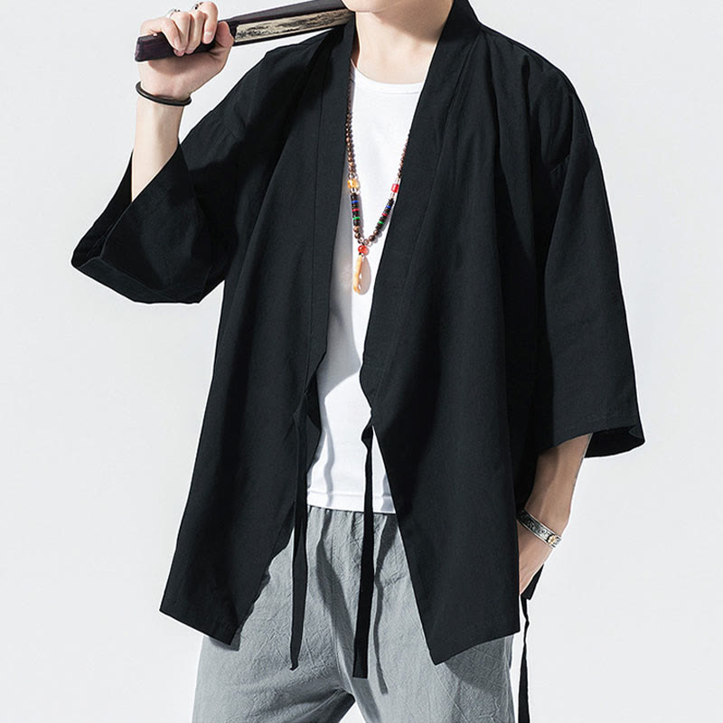 Buddha Stones Tang Suit Open Front Jacket Cotton Linen Men's Three Quarter Sleeve Kimono - image 13