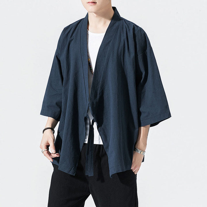 Buddha Stones Tang Suit Open Front Jacket Cotton Linen Men's Three Quarter Sleeve Kimono - MidnightBlue - US/UK/AU48，EU58(5XL) - image 6