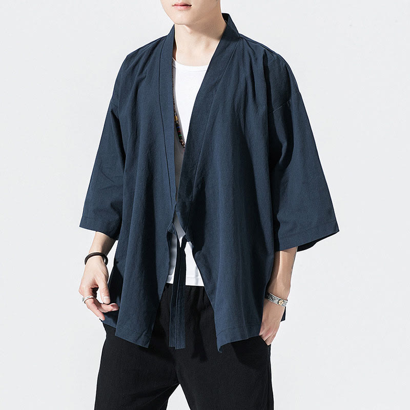 Buddha Stones Tang Suit Open Front Jacket Cotton Linen Men's Three Quarter Sleeve Kimono - MidnightBlue - US/UK/AU48，EU58(5XL) - image 7