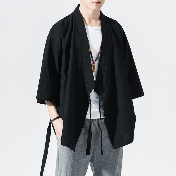 Buddha Stones Tang Suit Open Front Jacket Cotton Linen Men's Three Quarter Sleeve Kimono - Black - US/UK/AU48，EU58(5XL) - image 10