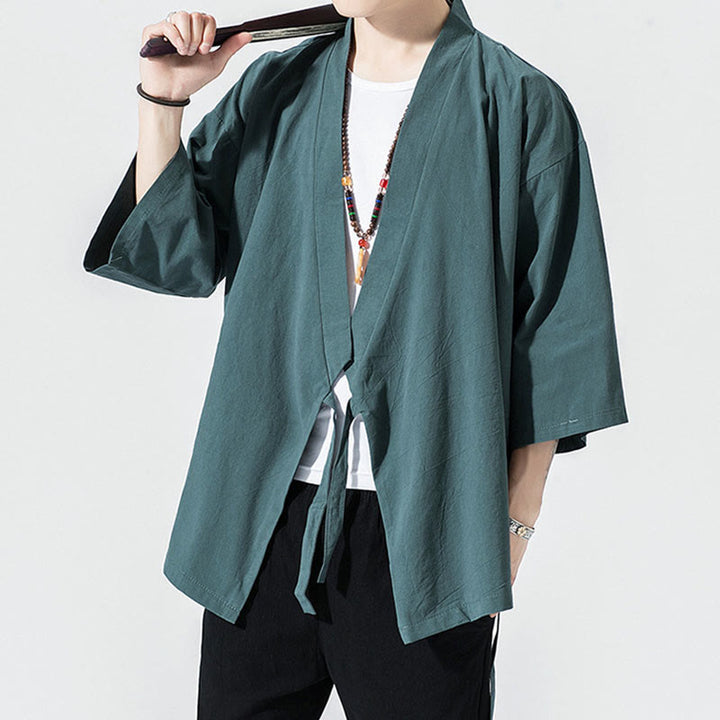 Buddha Stones Tang Suit Open Front Jacket Cotton Linen Men's Three Quarter Sleeve Kimono - image 3