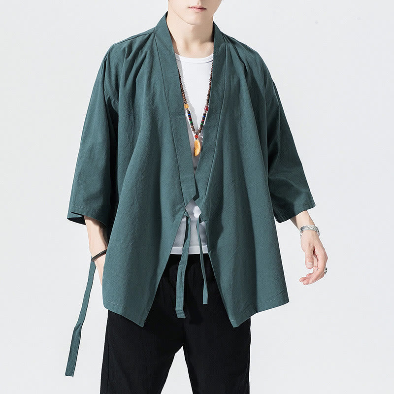 Buddha Stones Tang Suit Open Front Jacket Cotton Linen Men's Three Quarter Sleeve Kimono - DarkCyan - US/UK/AU48，EU58(5XL) - image 1