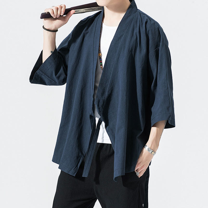Buddha Stones Tang Suit Open Front Jacket Cotton Linen Men's Three Quarter Sleeve Kimono - image 8