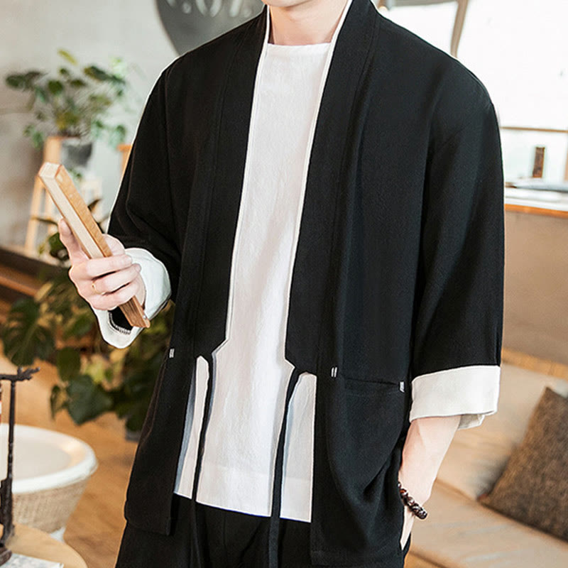 Buddha Stones Lace-Up Design Open Front Jacket Cotton Linen Men's Kimono With Pockets