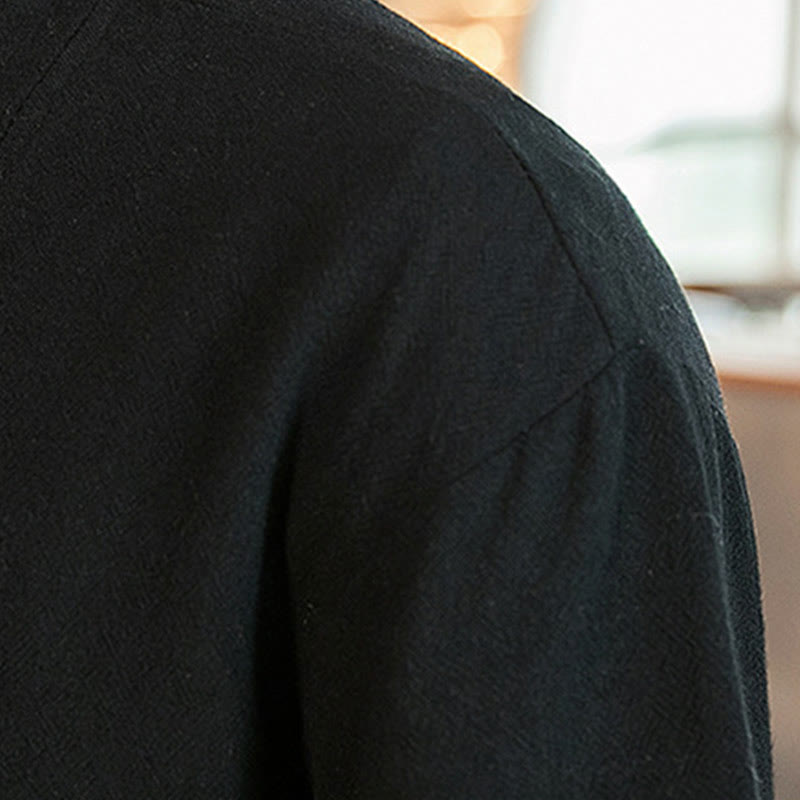 Buddha Stones Lace-Up Design Open Front Jacket Cotton Linen Men's Kimono With Pockets