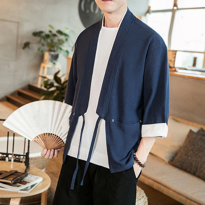 Buddha Stones Lace-Up Design Open Front Jacket Cotton Linen Men's Kimono With Pockets