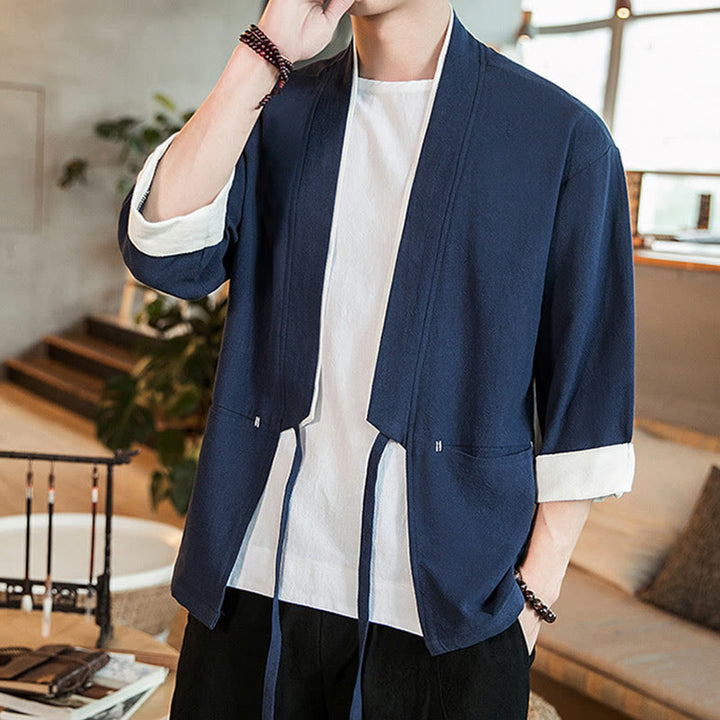 Buddha Stones Lace-Up Design Open Front Jacket Cotton Linen Men's Kimono With Pockets