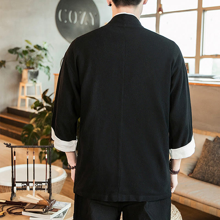 Buddha Stones Lace-Up Design Open Front Jacket Cotton Linen Men's Kimono With Pockets
