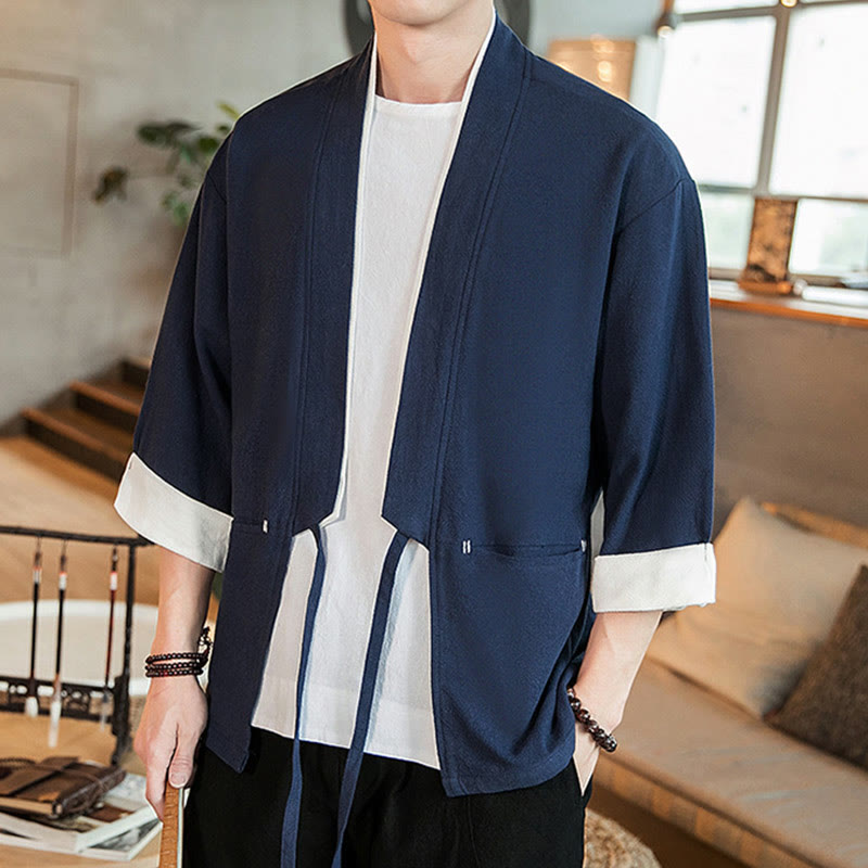Buddha Stones Lace-Up Design Open Front Jacket Cotton Linen Men's Kimono With Pockets