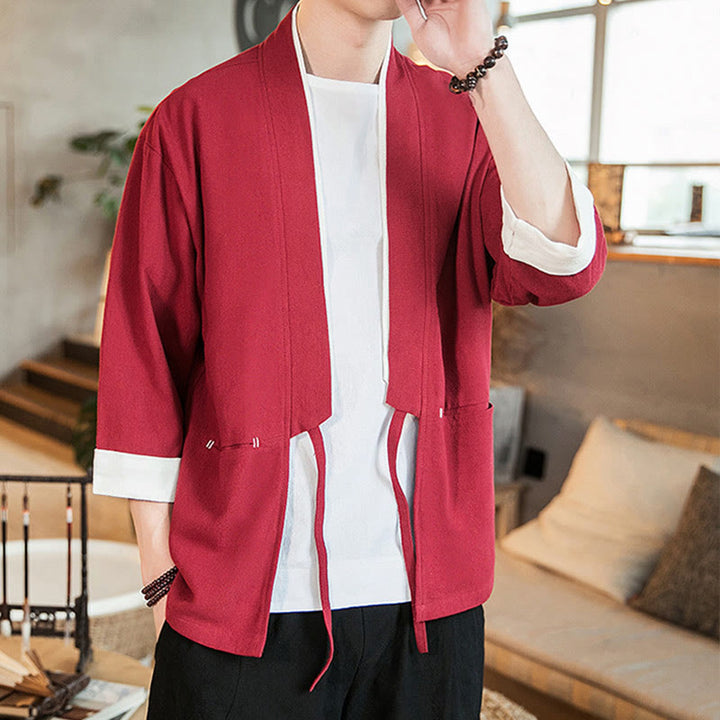 Buddha Stones Lace-Up Design Open Front Jacket Cotton Linen Men's Kimono With Pockets