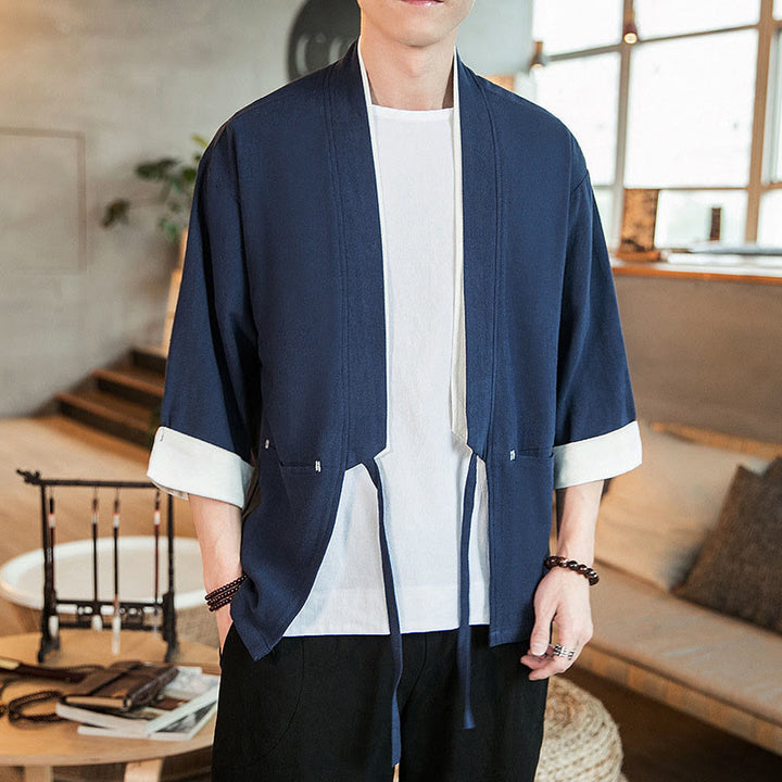 Buddha Stones Lace-Up Design Open Front Jacket Cotton Linen Men's Kimono With Pockets