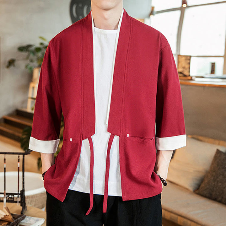 Buddha Stones Lace-Up Design Jacket Cotton Linen Men's Three Quarter Sleeve Kimono With Pockets - image 24