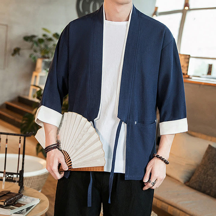 Buddha Stones Lace-Up Design Open Front Jacket Cotton Linen Men's Kimono With Pockets