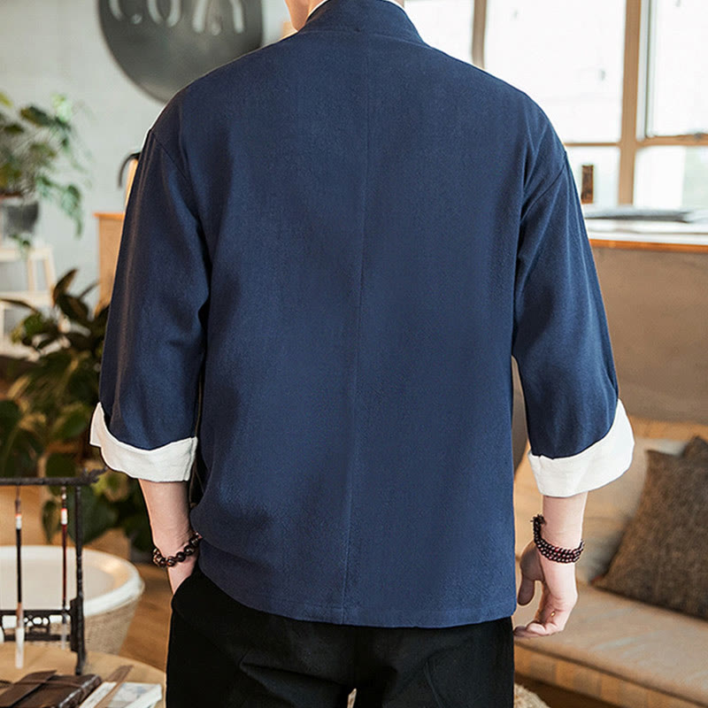 Buddha Stones Lace-Up Design Open Front Jacket Cotton Linen Men's Kimono With Pockets