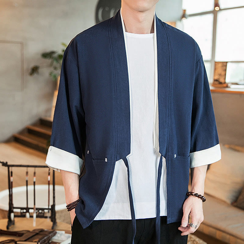 Buddha Stones Lace-Up Design Open Front Jacket Cotton Linen Men's Kimono With Pockets