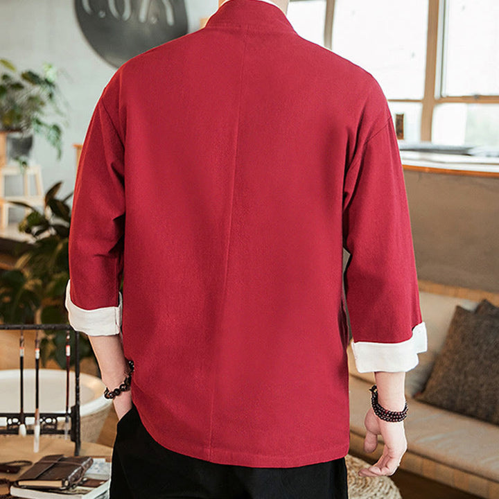 Buddha Stones Lace-Up Design Open Front Jacket Cotton Linen Men's Kimono With Pockets