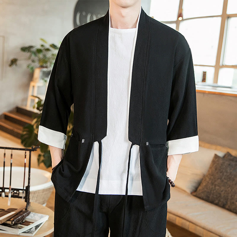 Buddha Stones Lace-Up Design Open Front Jacket Cotton Linen Men's Kimono With Pockets