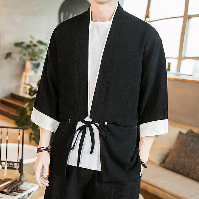 Buddha Stones Lace-Up Design Jacket Cotton Linen Men's Three Quarter Sleeve Kimono With Pockets - Black - US/UK/AU46，EU56 (5XL) - image 8