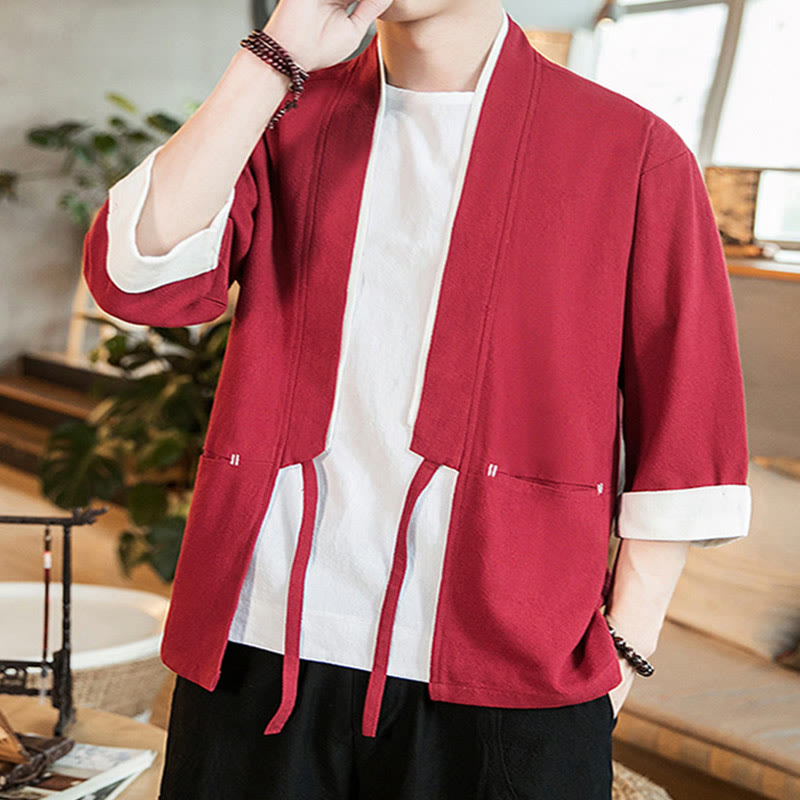 Buddha Stones Lace-Up Design Open Front Jacket Cotton Linen Men's Kimono With Pockets
