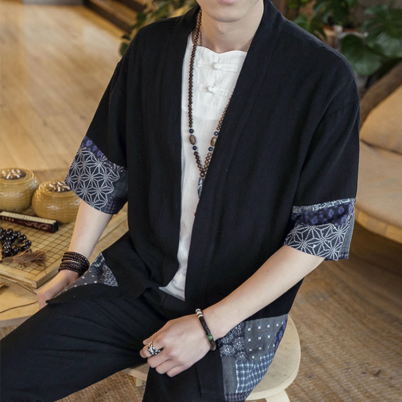 Buddha Stones Ethnic Printing Patchwork Half Sleeve Open Front Jacket Cotton Linen Men's Kimono - image 7