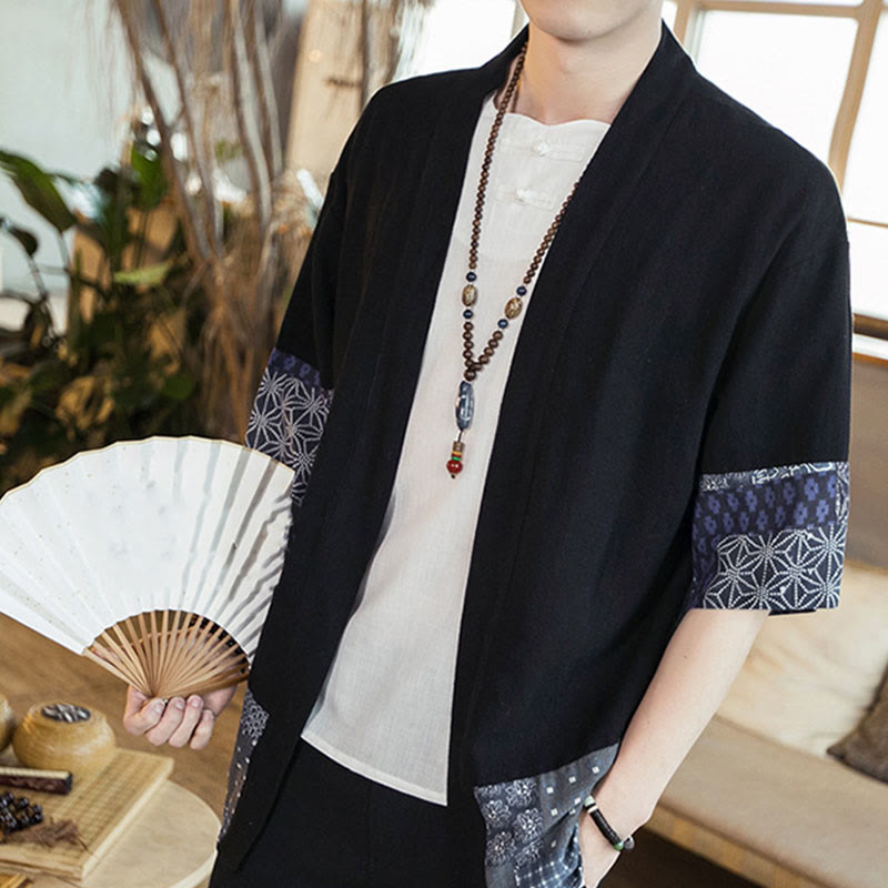Buddha Stones Ethnic Printing Patchwork Half Sleeve Open Front Jacket Cotton Linen Men's Kimono - image 5