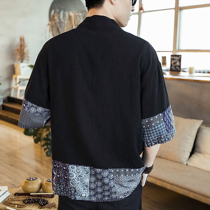 Buddha Stones Ethnic Printing Patchwork Half Sleeve Open Front Jacket Cotton Linen Men's Kimono - image 3