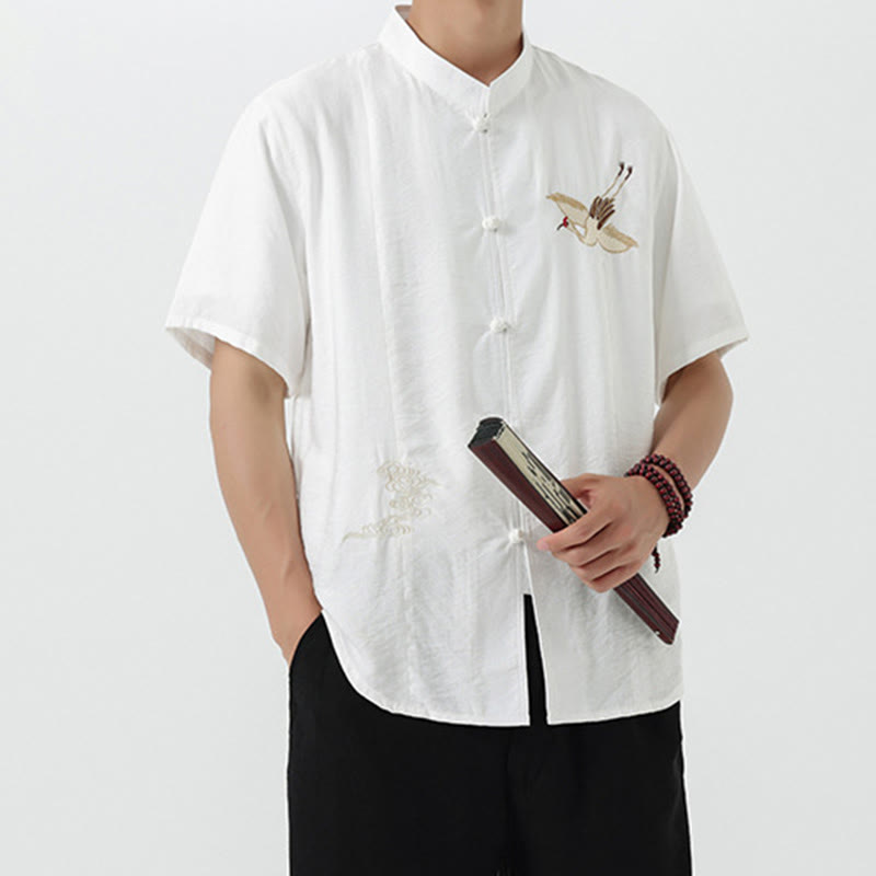 Buddha Stones Vintage Embroidery Buttons Half Sleeve Design Stand Collar Men's Cotton Shirt - image 14