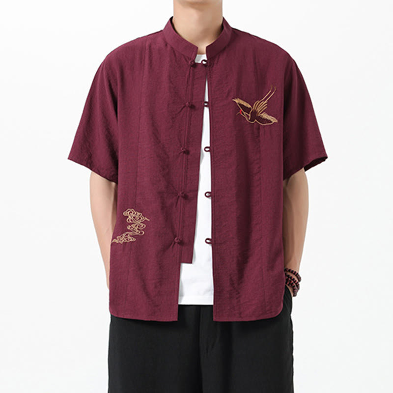 Buddha Stones Vintage Embroidery Buttons Half Sleeve Design Stand Collar Men's Cotton Shirt - Brown - US/UK/AU42，EU52 (3XL) - image 0