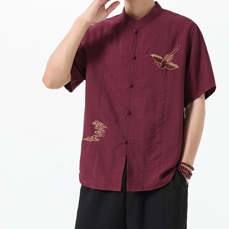 Buddha Stones Vintage Embroidery Buttons Half Sleeve Design Stand Collar Men's Cotton Shirt - image 2
