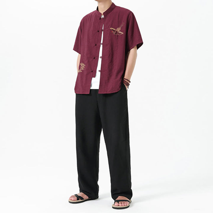 Buddha Stones Vintage Embroidery Buttons Half Sleeve Design Stand Collar Men's Cotton Shirt - image 7