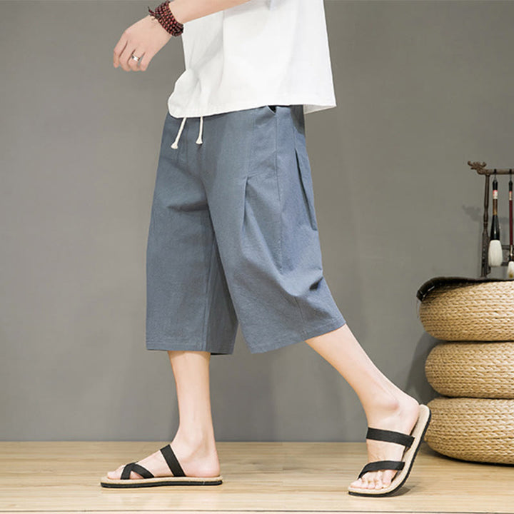 Buddha Stones Casual Summer Drawstring Solid Color Cropped Cotton Linen Men's Harem Pants With Pockets - SlateGray - US/UK/AU46，EU56 (5XL) - image 0