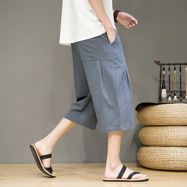 Buddha Stones Casual Summer Drawstring Solid Color Cropped Cotton Linen Men's Harem Pants With Pockets - image 6