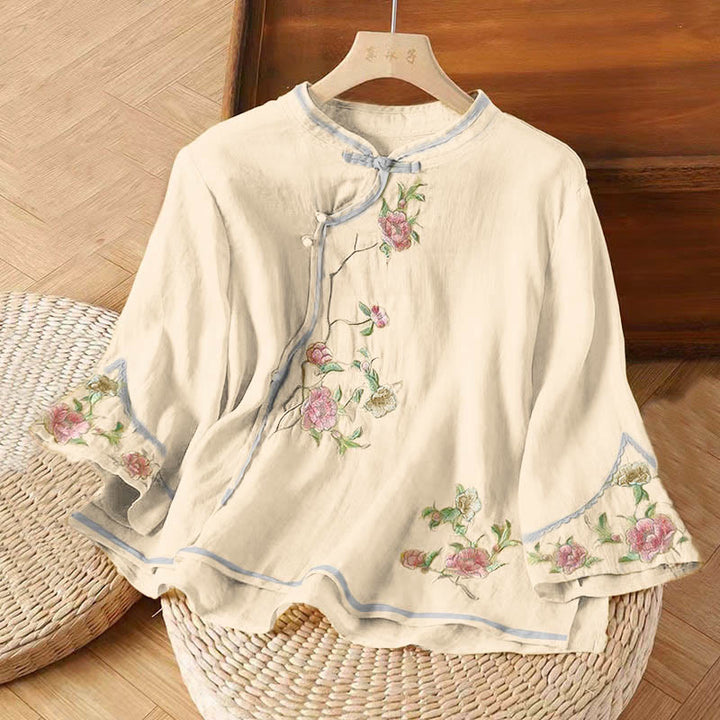 Buddha Stones Casual Vintage Embroidery Flower Pattern Chinese Frog-Button Crew Neck Design Women's Cotton Linen Shirt - LemonChiffon - US12，UK/AU16，EU44 (3XL) - image 4
